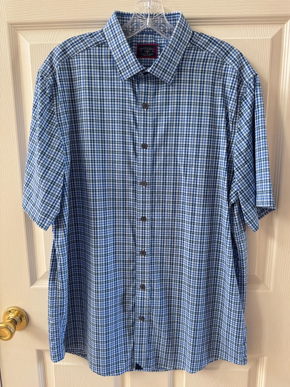 Untuckit Short-Sleeve Blue Plaid Button-Up Shirt